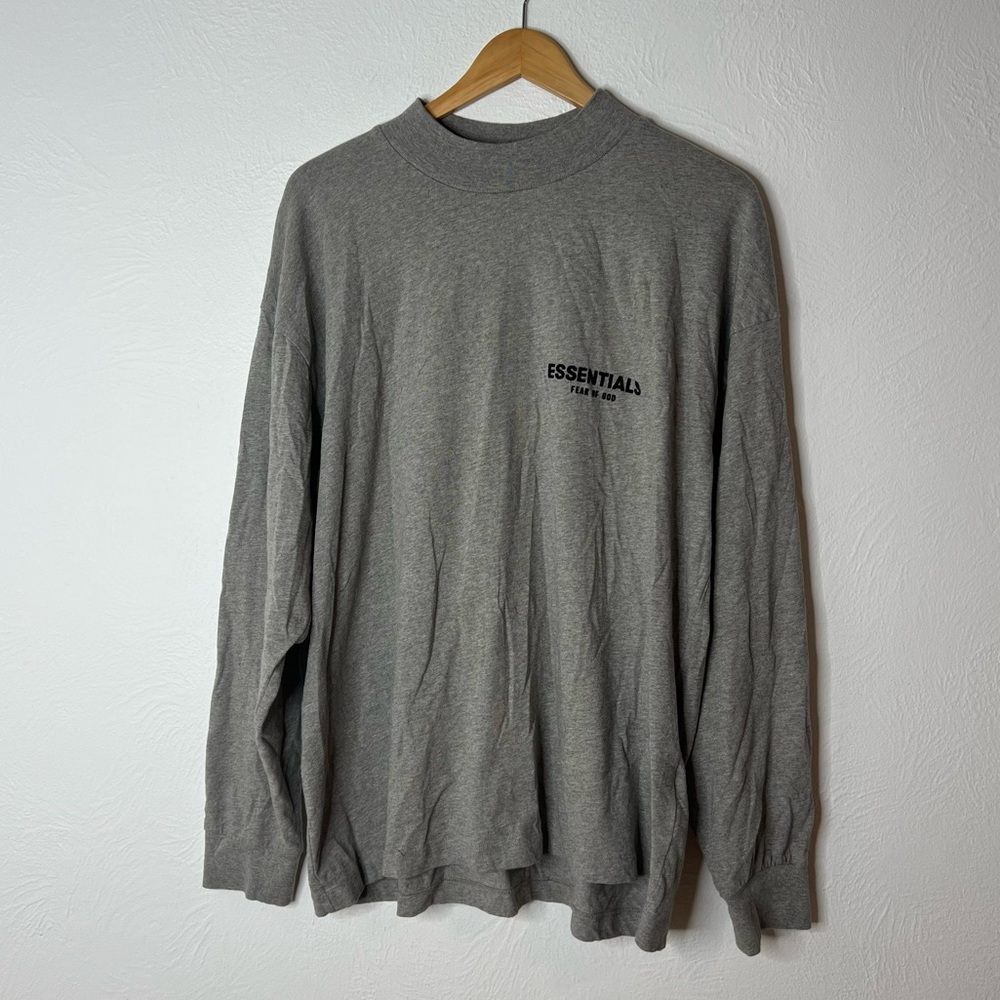 Essentials Fear of God Long Sleeve Logo Tee Heather Gray Cotton Pullover Size M